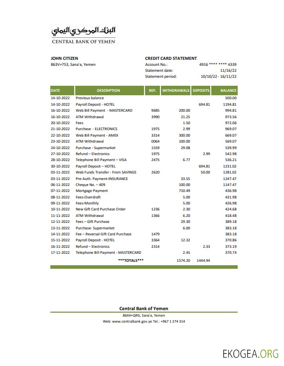 Relevé bancaire de la Banque centrale du Yémen, modèle Excel et PDF